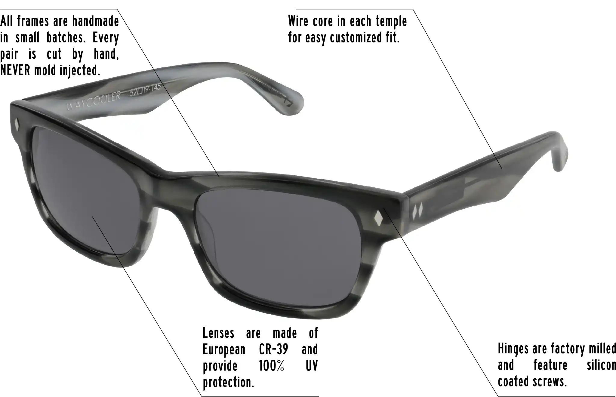 Hinges are factory milled and feature silicon coated screws. All frames are handmade in small batches. Every pair is cut by hand. Never Mold injected. Wire core in each temple for easy customized fit. Lenses are made of shatterproof European CR-39 and provide 100% UV protection.