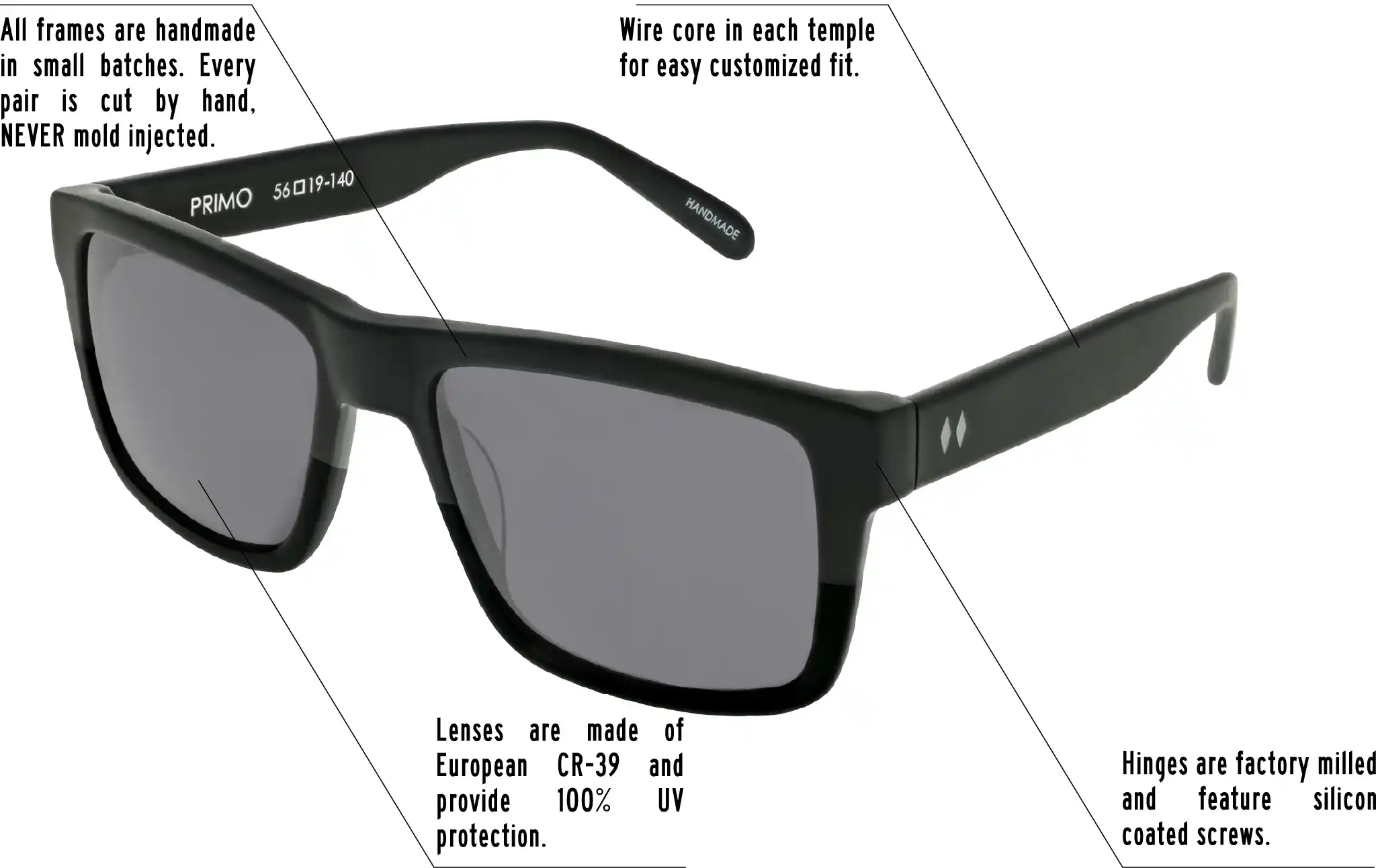 Hinges are factory milled and feature silicon coated screws. All frames are handmade in small batches. Every pair is cut by hand. Never Mold injected. Wire core in each temple for easy customized fit. Lenses are made of shatterproof European CR-39 and provide 100% UV protection.